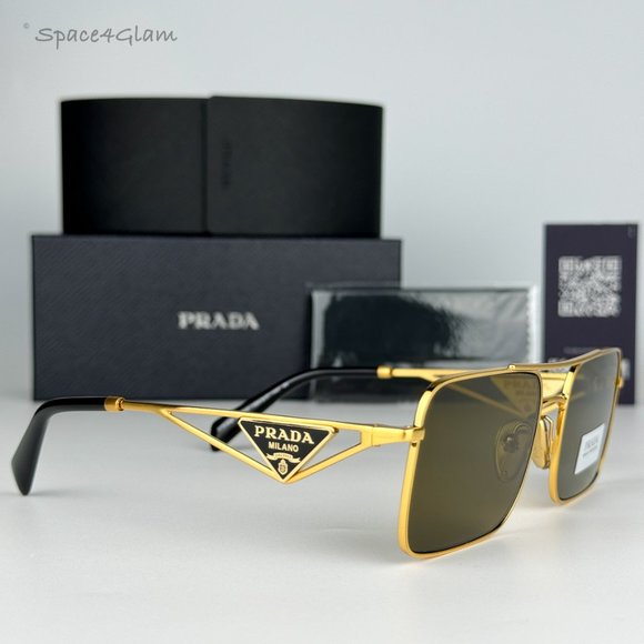 NEW Prada PRA52S 15N01T Matte Gold Brown Rectangle Unisex Sunglasses - Picture 5 of 9